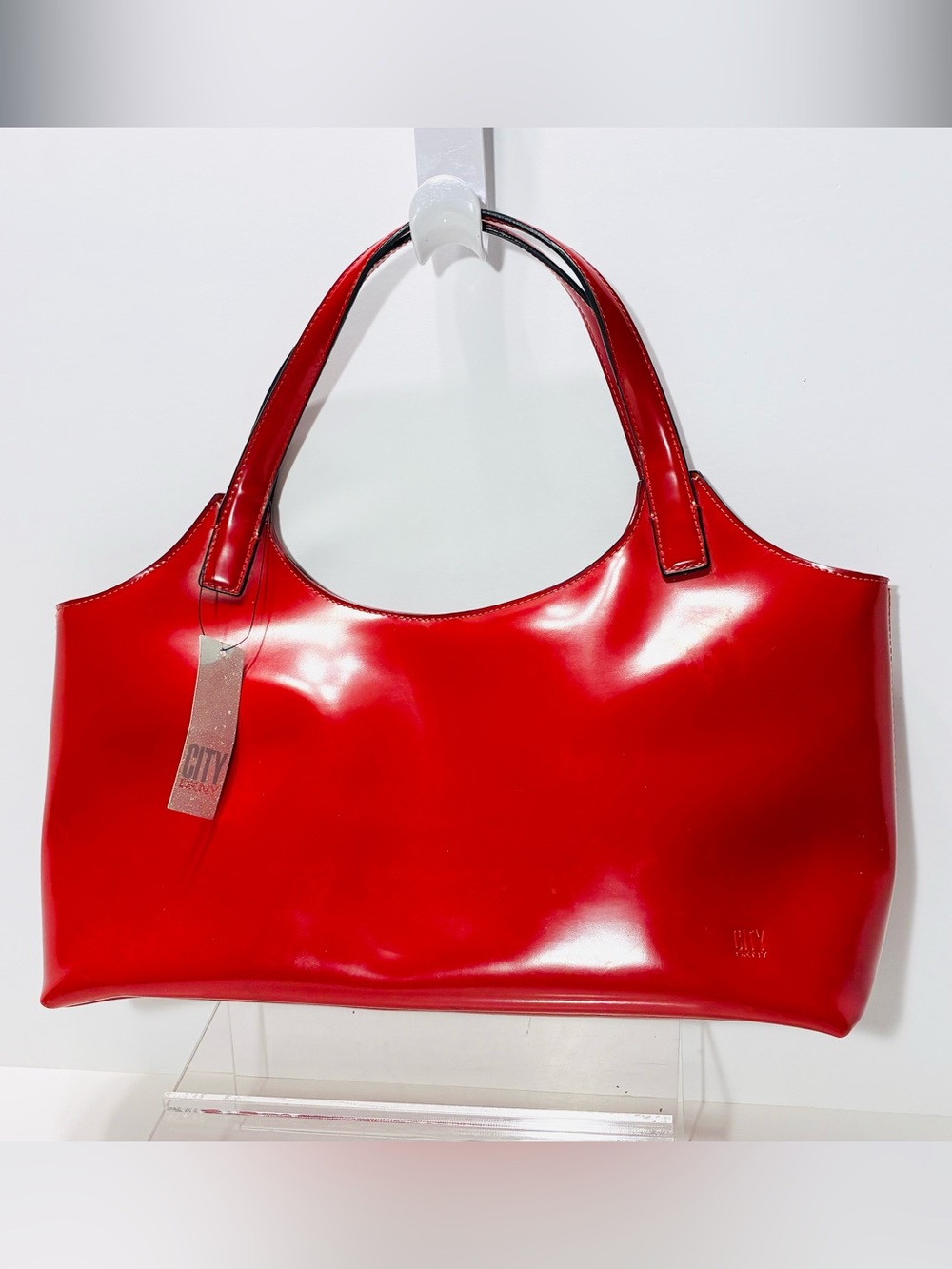 Y2K Vintage DKNY City Tote Bag Glossy Red Faux Leather 15x6